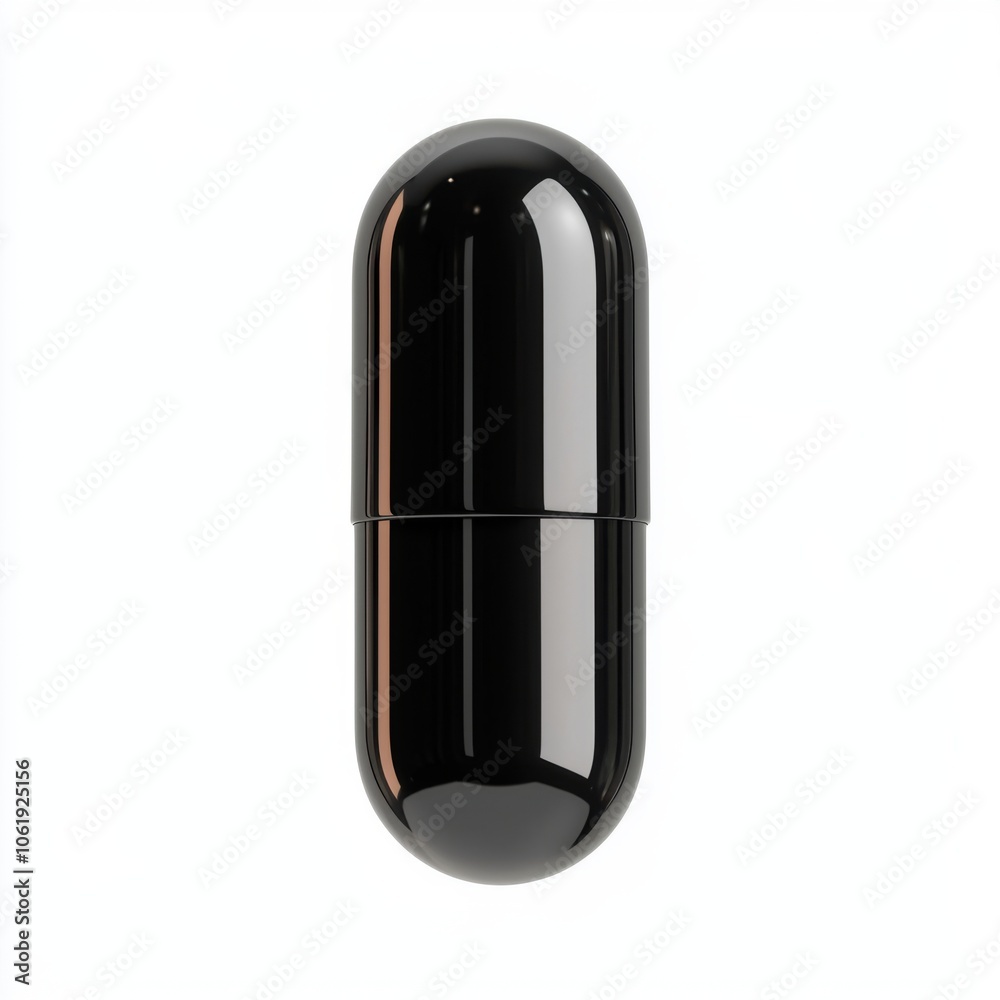 A sleek black capsule-shaped container, featuring a glossy finish, ideal for storing small items or supplements. A sleek black capsule-shaped container, featuring a glossy finish, ideal for storing small items or supplements.