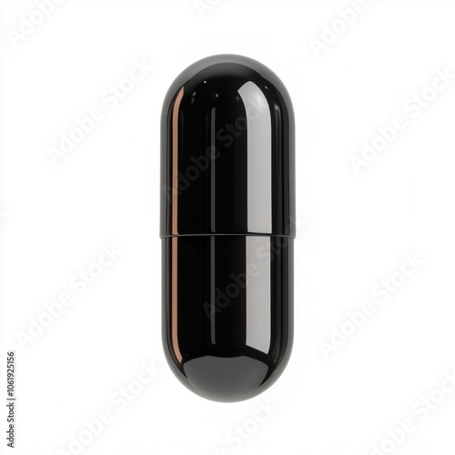 A sleek black capsule-shaped container, featuring a glossy finish, ideal for storing small items or supplements.