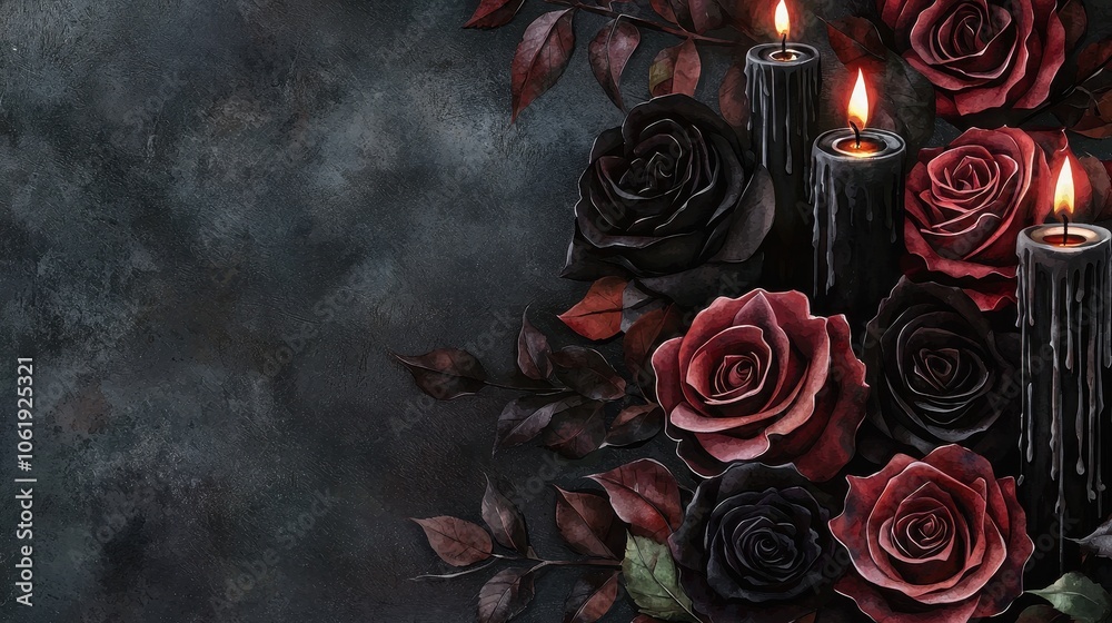 A dark, moody arrangement featuring black and red roses alongside flickering candles, evoking a mysterious and gothic atmosphere. A dark, moody arrangement featuring black and red roses alongside flickering candles, evoking a mysterious and gothic atmosphere.