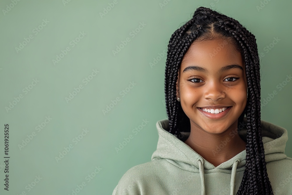Smiling girl with braided hair in green hoodie Smiling girl with braided hair in green hoodie