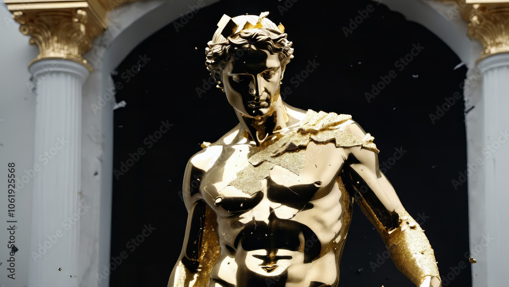 Obraz premium shattered divine luxury golden porcelain Michel Angelo statue of a Greek god made of black dark marble, broken and shattered statue, broken statue, Greek gods, mythology, Bodybuilding Motivation
