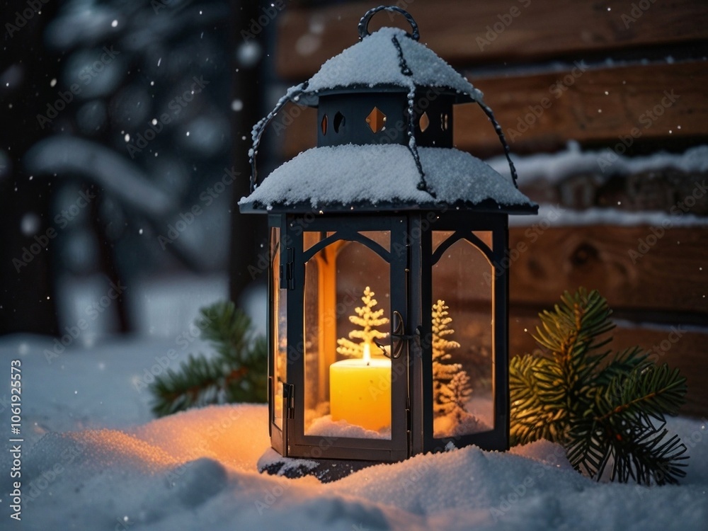 Christmas lantern in snow with fir tree branch. Winter cozy scene. AI generated. Christmas lantern in snow with fir tree branch. Winter cozy scene. AI generated.