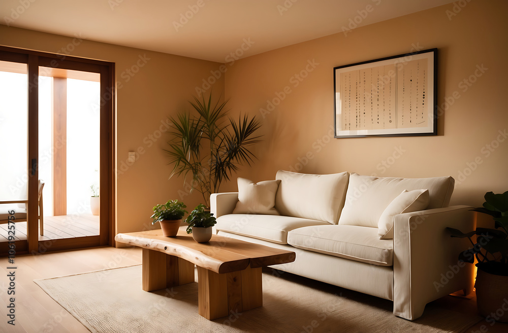 Fototapeta premium 3d interior of a Japandi style interior living room a design with simplicity, natural elements, and minimalism