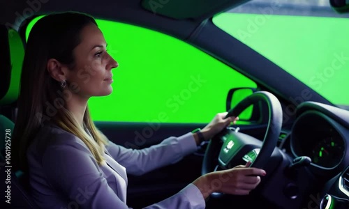 woman driving a car with the green screen