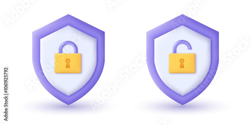 3D Shield with padlock lock and unlock icon. Cyber security, data protection and privacy technology concept. 3D object on isolated vector render background.