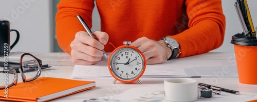 A person writing notes with a clock on the desk