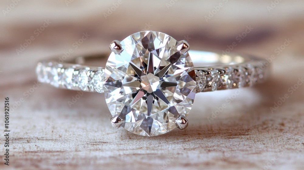 Fototapeta premium Elegant Diamond Ring on Wooden Background