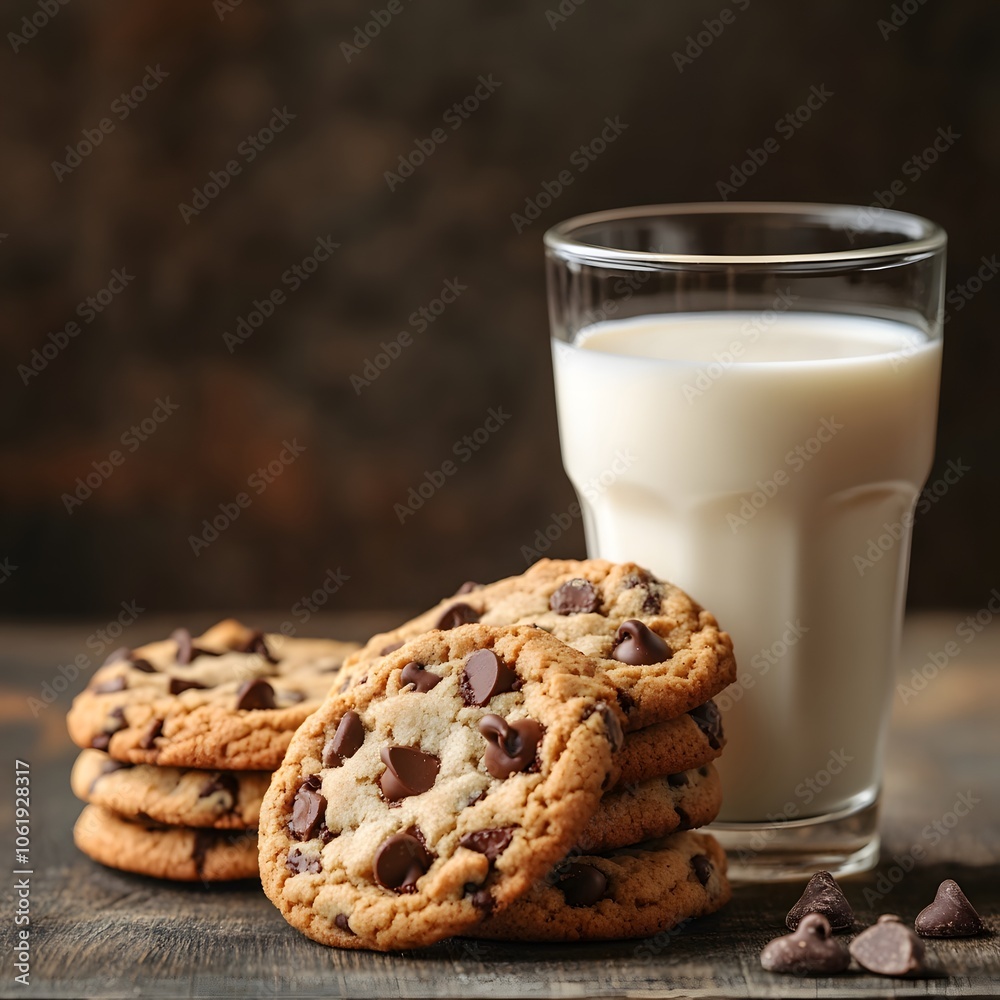 Freshly Baked Chocolate Chip Cookies with a Glass of Milk on a Rustic Wooden Table Freshly Baked Chocolate Chip Cookies with a Glass of Milk on a Rustic Wooden Table