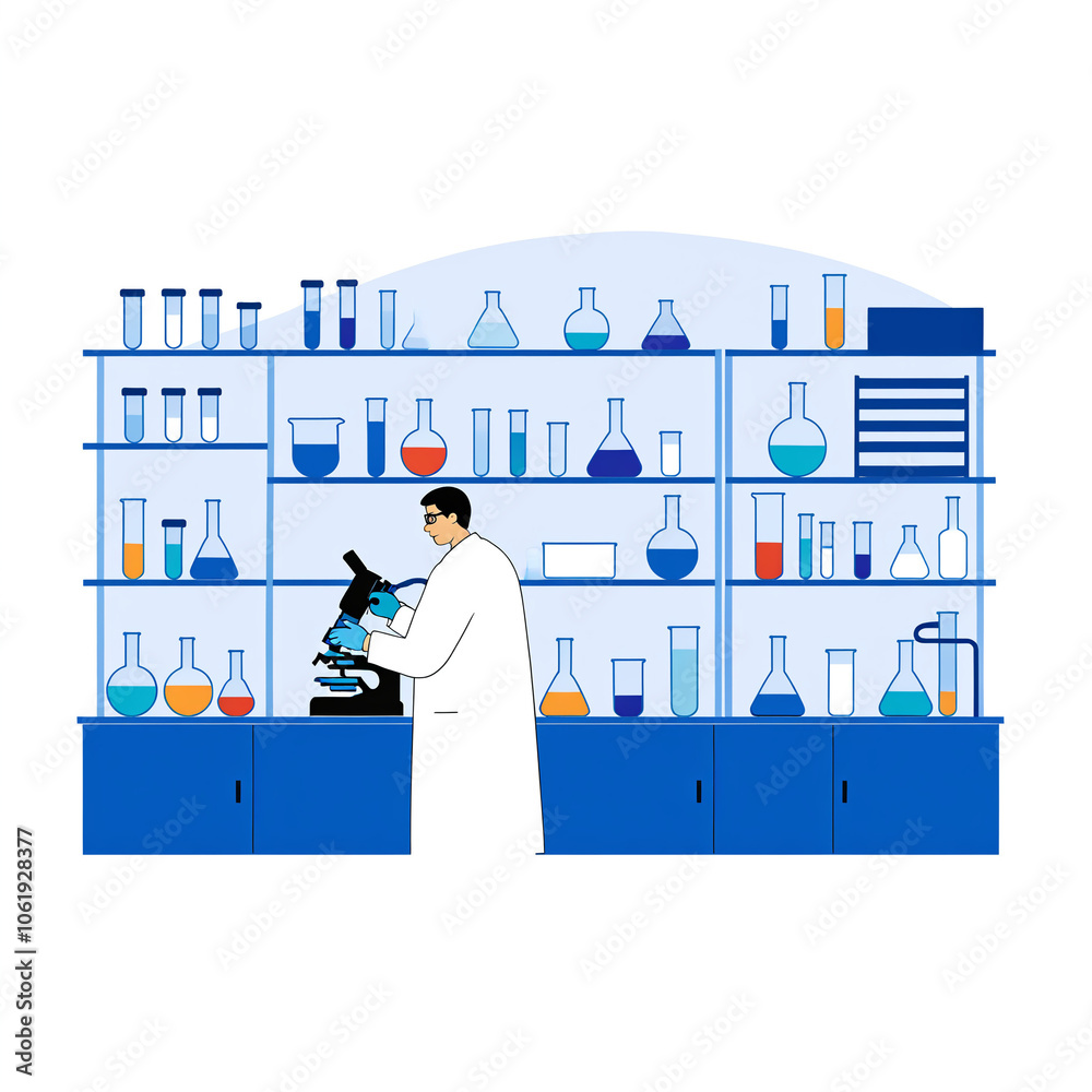 Scientific research. Scientist people wearing lab coats, science researches and chemical laboratory experiments. Chemistry clinic laboratories, microbiology pharmaceutical research vector illustration