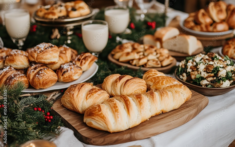 A beautifully arranged spread of baked goods, including croissants and other pastries, set on a festive table adorned with greenery and garnishes. A beautifully arranged spread of baked goods, including croissants and other pastries, set on a festive table adorned with greenery and garnishes.