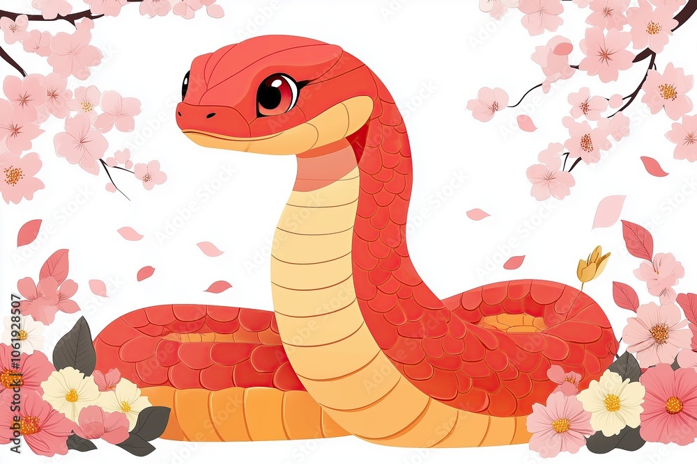 Obraz premium Cute cartoon snake surrounded by cherry blossoms in floral setting