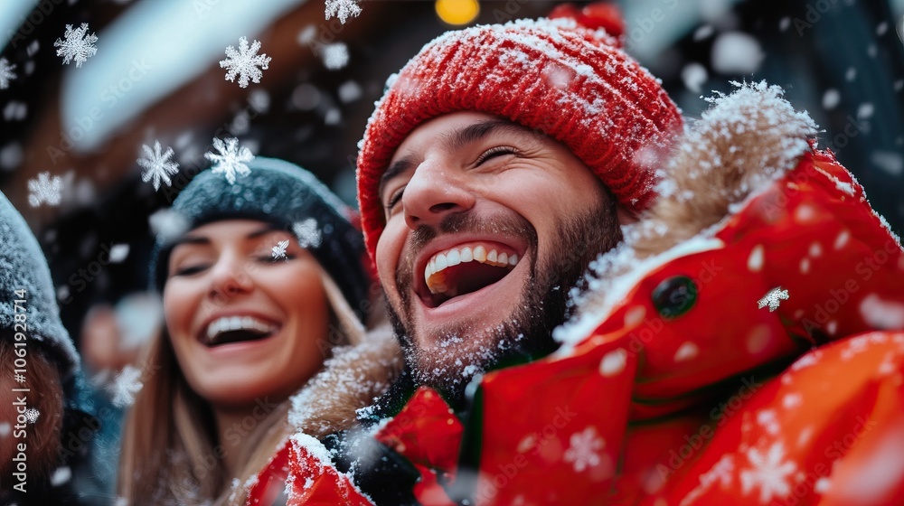 Two cheerful people enjoying a snowy day, wearing winter gear and surrounded by falling snowflakes, capturing a joyful moment in a festive atmosphere. Two cheerful people enjoying a snowy day, wearing winter gear and surrounded by falling snowflakes, capturing a joyful moment in a festive atmosphere.