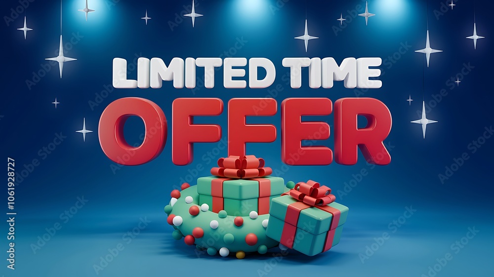 Fototapeta premium Limited Time Offer with Christmas Wreath and Gifts