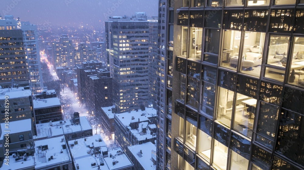 Serene Winter Cityscape Through High-rise Window - Cozy Urban Snowy Scene with Glowing Lights in Detailed View Serene Winter Cityscape Through High-rise Window - Cozy Urban Snowy Scene with Glowing Lights in Detailed View