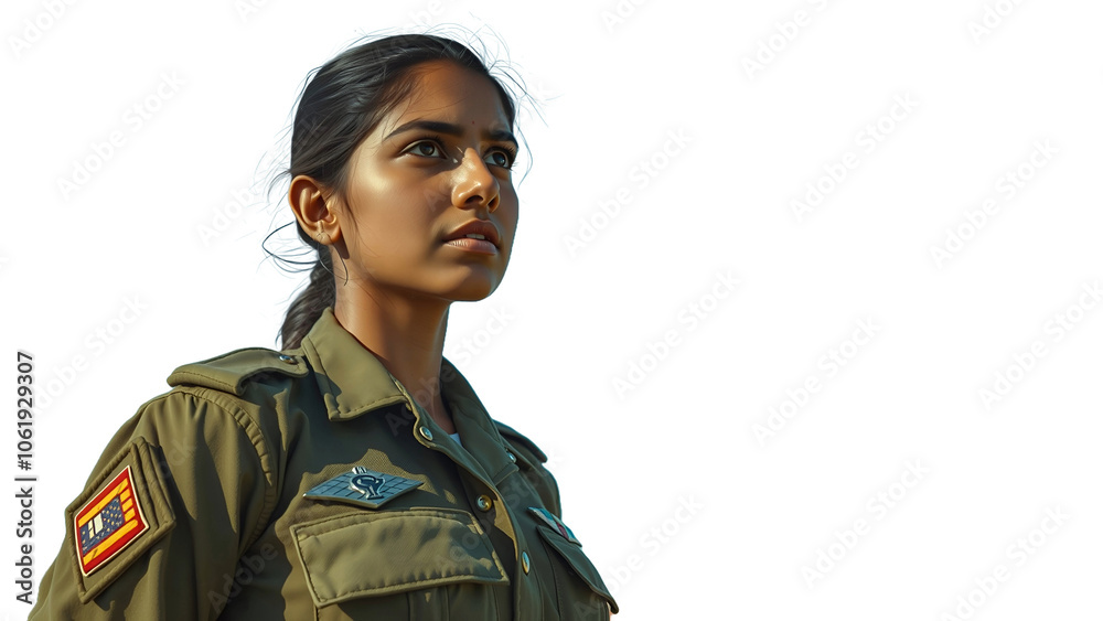 Confident Young Female Soldier of Indian Descent in Military Uniform Looking Determined, Isolated On Transparent Background, PNG File 