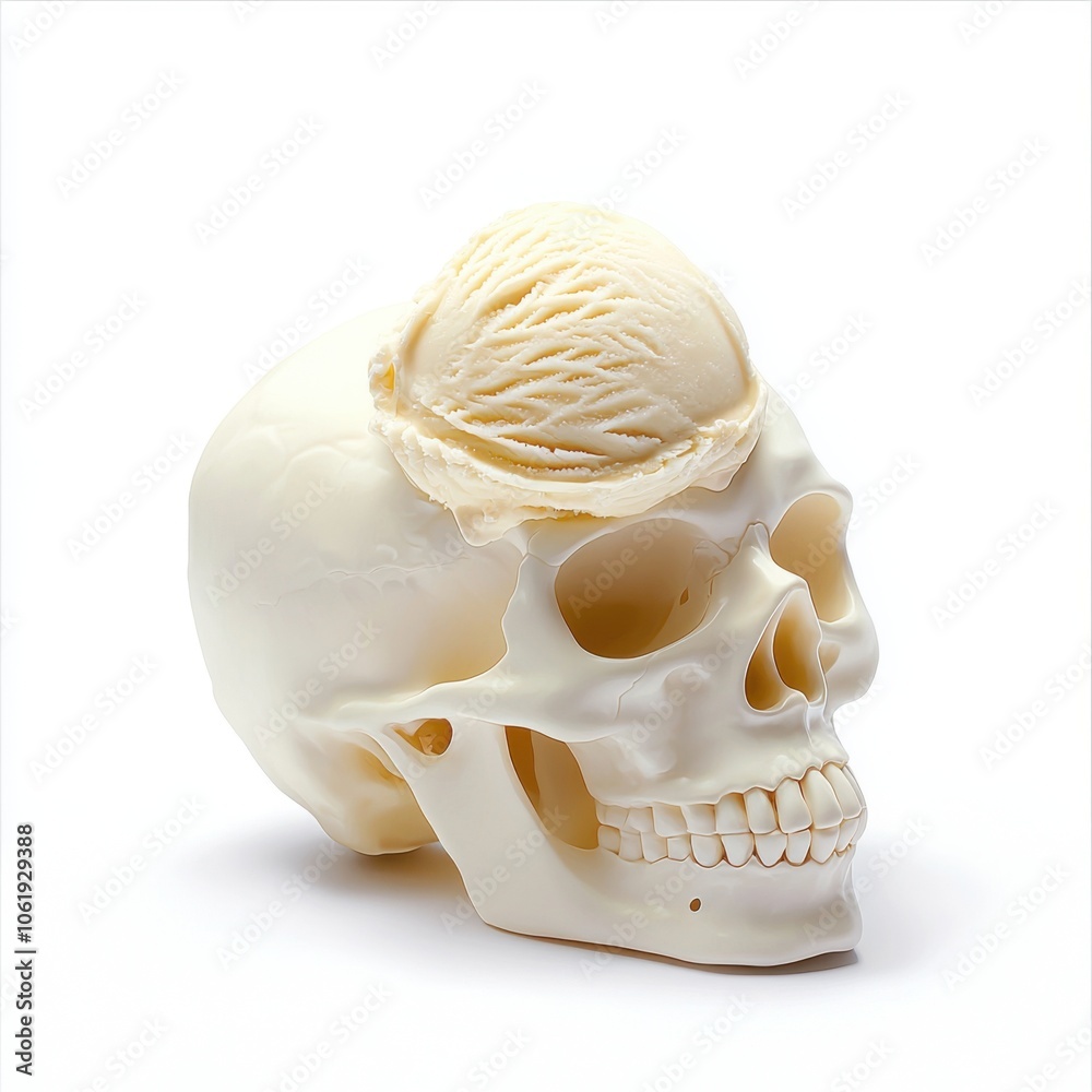 Fototapeta premium A realistic model of a human skull showcasing intricate details, including a portion of the brain, ideal for educational and anatomical studies.