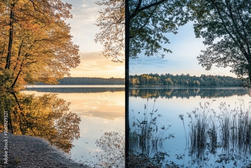 Stunning autumn and spring landscapes with reflections on a serene lake