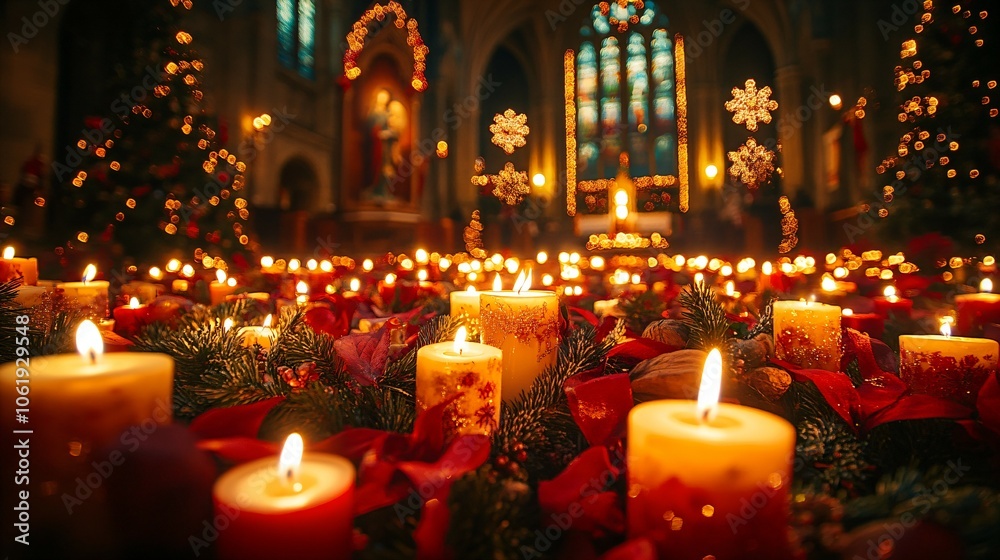 Lots of candles burning in church during Christmas time. Celebrating Christmas in church. Festive church decoration Lots of candles burning in church during Christmas time. Celebrating Christmas in church. Festive church decoration