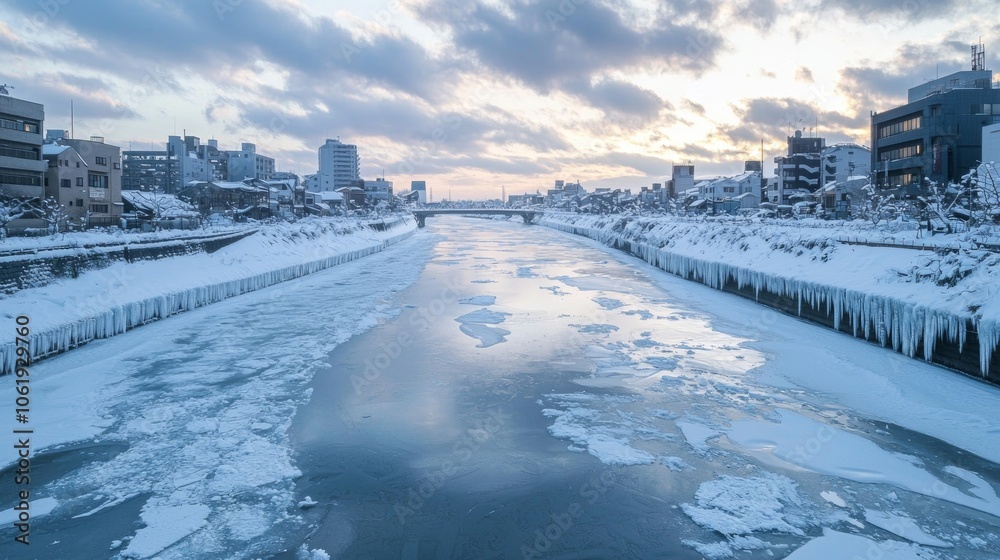 Obraz premium Serene Winter Cityscape: Snow-Covered Rooftops, Frozen Rivers, and Icicles under Soft Cloudy Sky