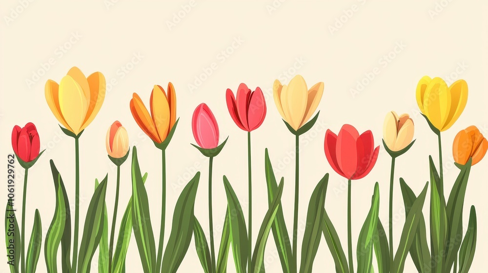 A colorful illustration of various tulips in bloom against a soft background, showcasing vibrant petals and lush green stems. A colorful illustration of various tulips in bloom against a soft background, showcasing vibrant petals and lush green stems.