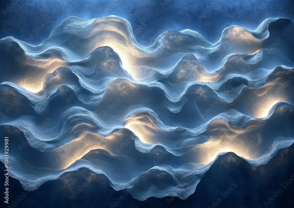 Abstract waves with illuminated contours, creating a dynamic and serene visual effect. Abstract waves with illuminated contours, creating a dynamic and serene visual effect.