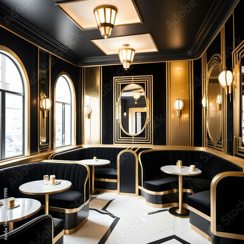 Elegant Art Deco Café: Velvet seating, gold and black accents, geometric patterns, and mirrors with art deco frames for a touch of 1920s glamour.