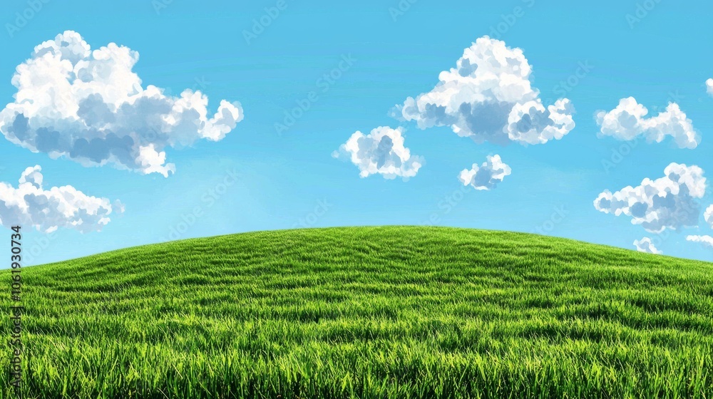 Naklejka premium Lush Green Field with Bright Blue Sky and Clouds