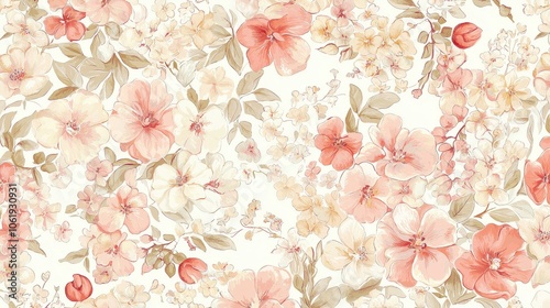 A vibrant floral pattern featuring soft pink and cream flowers, elegantly intertwined with delicate greenery on a light background.