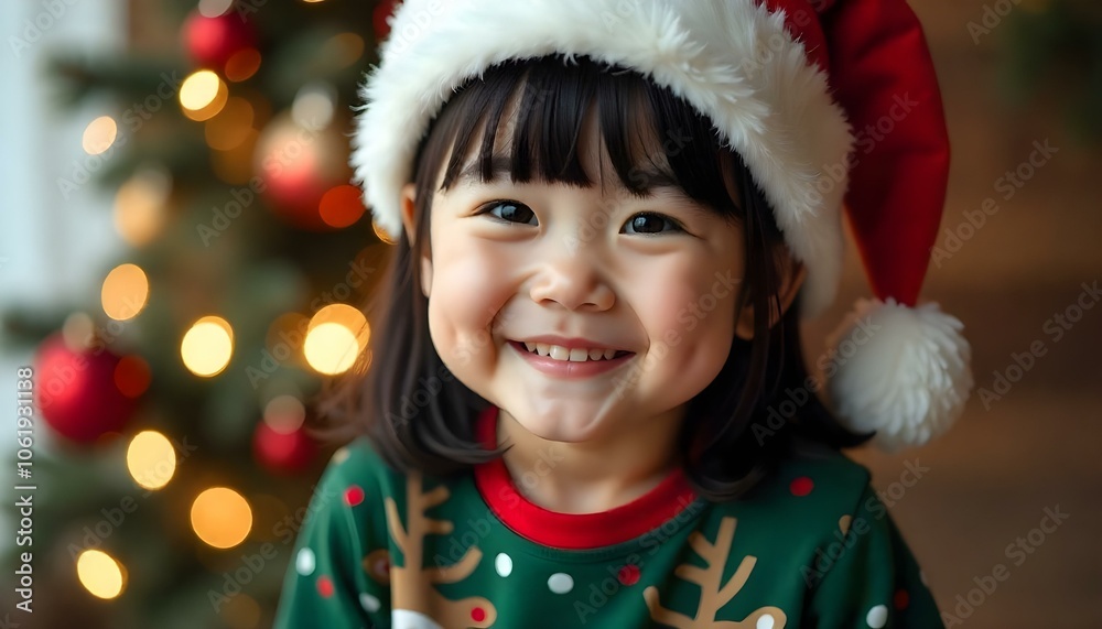 Little Asian girl in a Santa hat with blurred Christmas decor background for copy space Little Asian girl in a Santa hat with blurred Christmas decor background for copy space