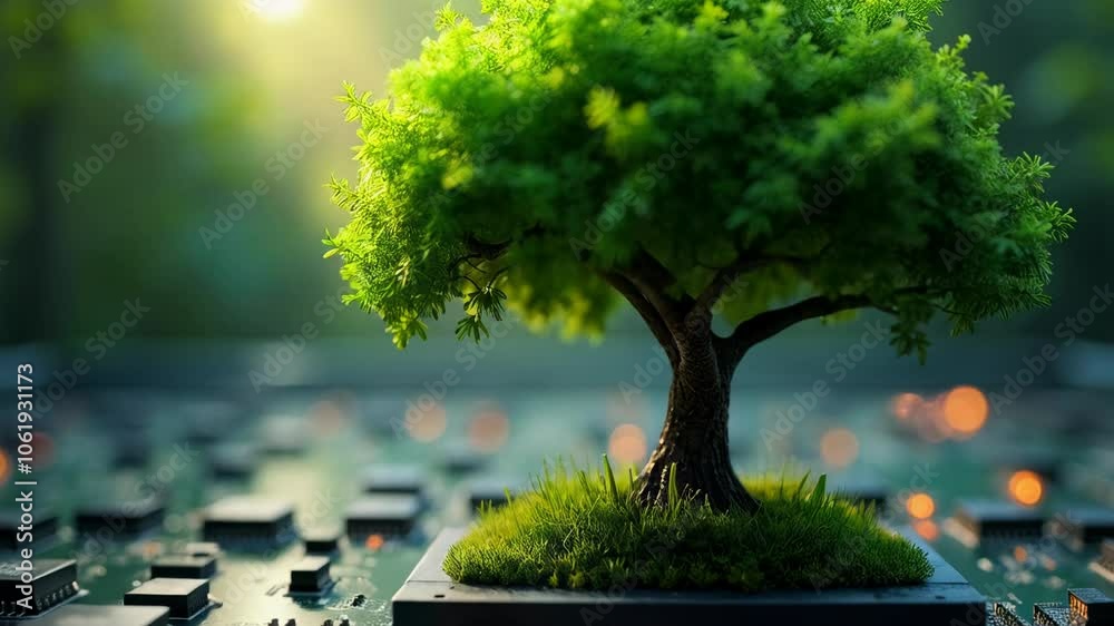 A small, lush green tree grows on top of a computer microchip, blending nature with technology. This scene symbolizes eco-friendly innovation and sustainable tech advancements.