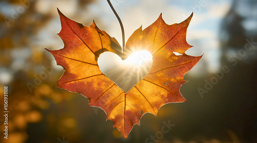 Autumn leaf in heart shape, symbolizing love of nature and fall season with bright orange, red, and yellow foliage natural colorful leaves from tree beautiful seasonal decoration in outdoor enviroment