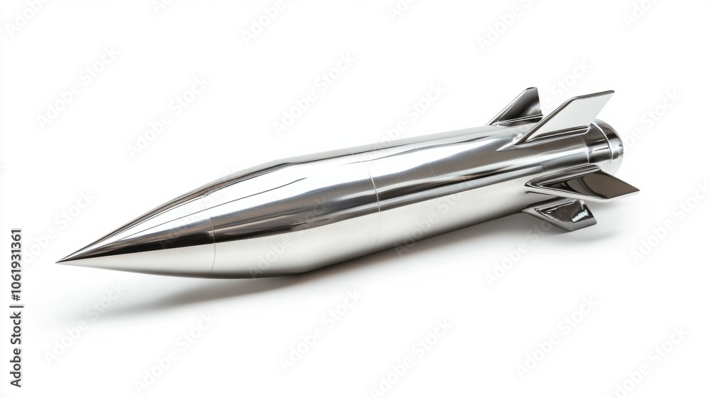 Missile with polished metallic surface and sharp design, symbolizing precision, isolated on white background Missile with polished metallic surface and sharp design, symbolizing precision, isolated on white background