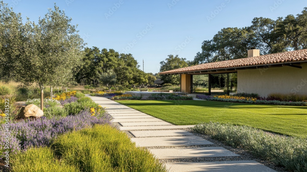 Serene Garden Pathway with Vibrant Flowers and Trees Serene Garden Pathway with Vibrant Flowers and Trees