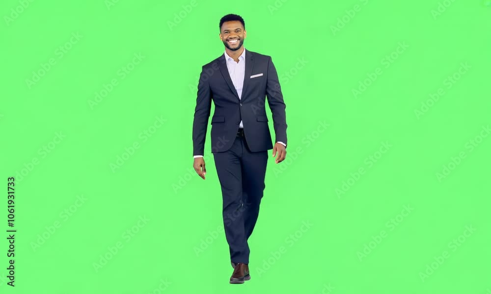 Young successful and happy man walking in green screen background