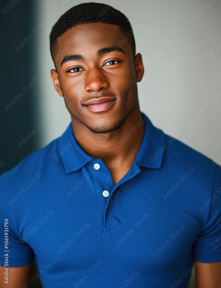 Handsome young man in blue polo shirt looking at camera Handsome young man in blue polo shirt looking at camera