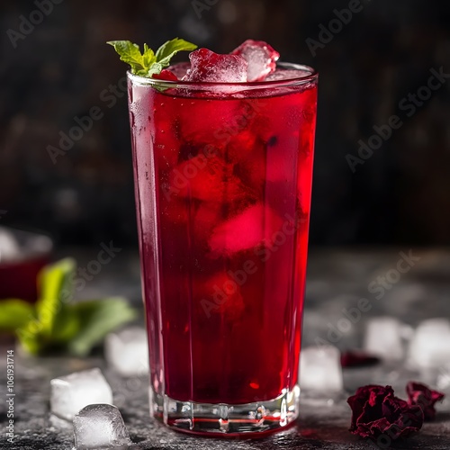 Vibrant Red Cocktail Garnished with Fresh Mint and Berries Served in a Glass with Ice
