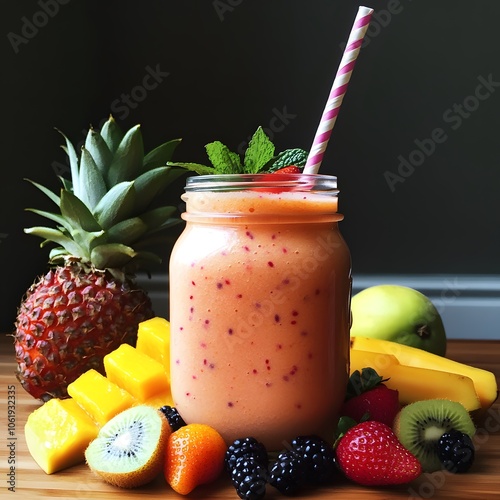 Assorted Tropical Smoothie with Colorful Fresh Fruit in Glass with Straw