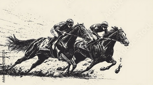 Horse Racing Sketch: A black-and-white illustration of a horse racing tournament, emphasizing equestrian sport.
