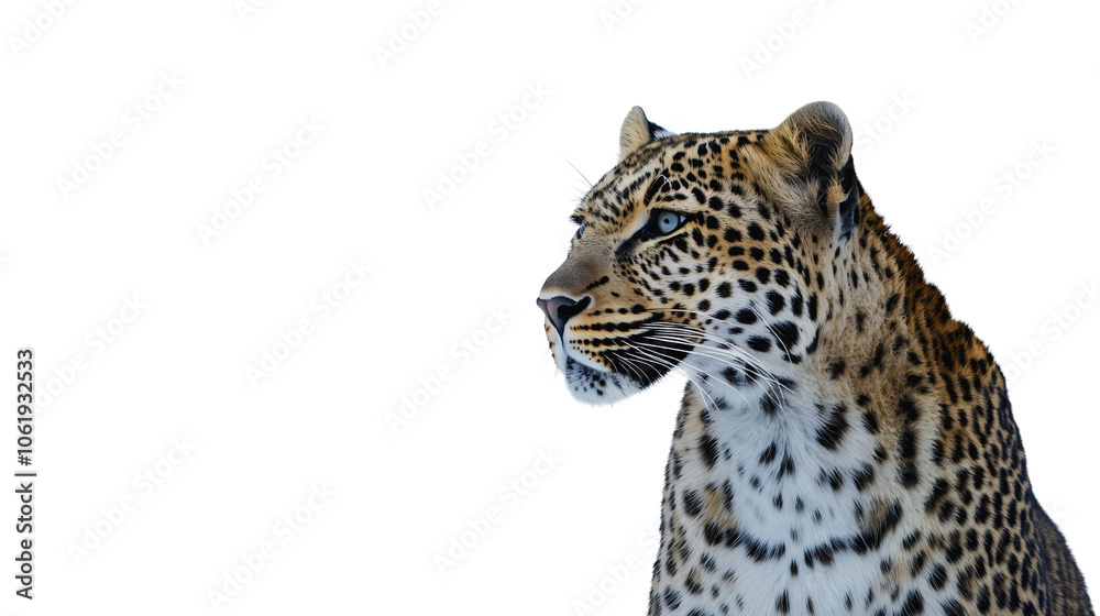 Obraz premium Leopard, predator, wild cat, wildlife feline hunter Africa safari portrait, isolated carnivore mammal with face and fur against white background, dangerous African big animal 