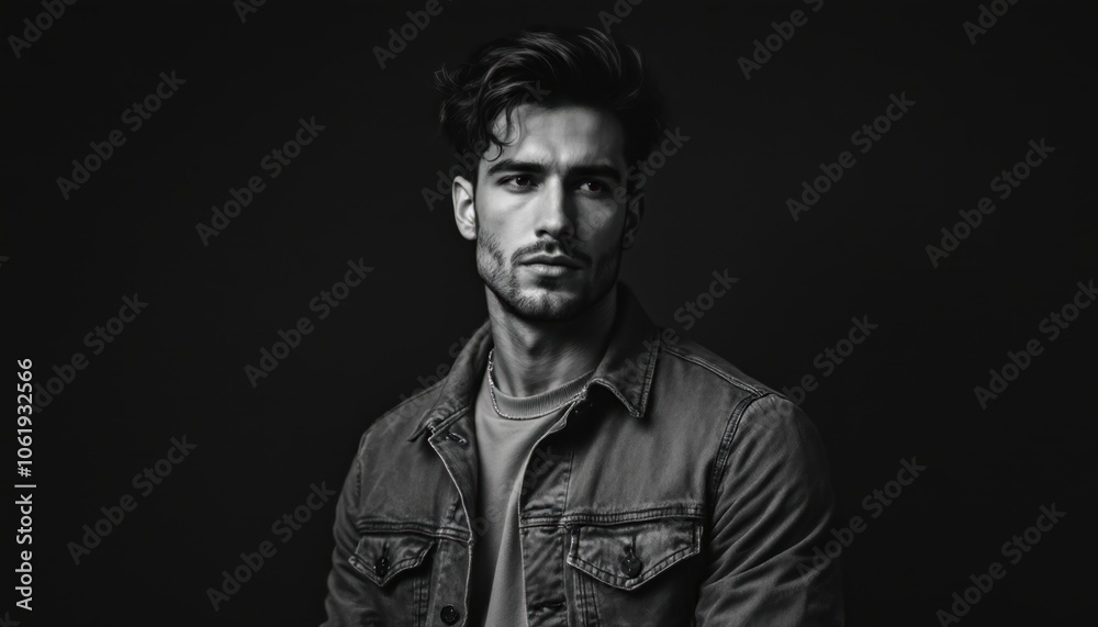 Confident Man in Denim Jacket, Monochrome Portrait