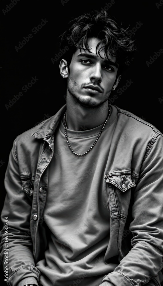 Edgy Young Man in Denim Jacket and Chain Necklace, Monochrome Edgy Young Man in Denim Jacket and Chain Necklace, Monochrome