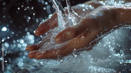 Detailed Hand Washing and Soap Dispensing Close-Up with Flowing Water and Bubbles for Enhanced Hygiene in a Bright Bathroom Setting