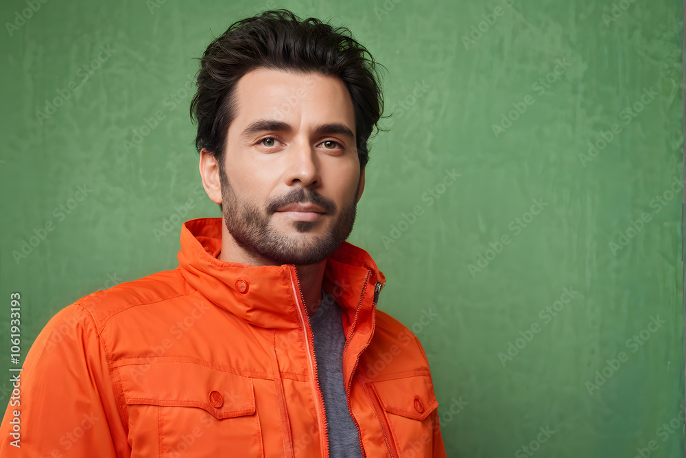 A man in an orange jacket is smiling