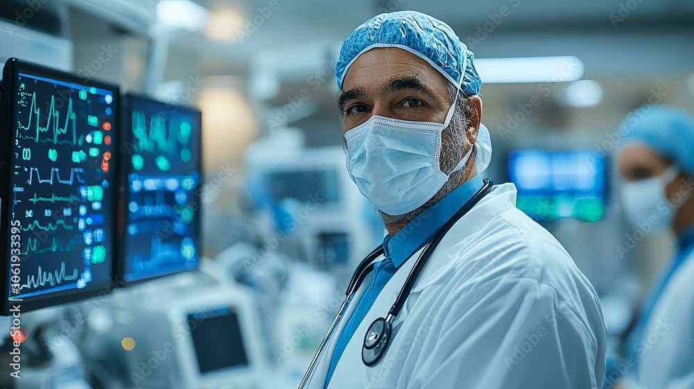 Doctor in surgical attire monitors patient vitals on screens. Doctor in surgical attire monitors patient vitals on screens.