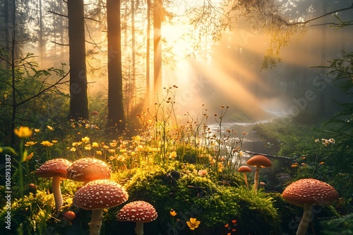 enchanted magical forest with mushrooms and with sunlight rays representing nature beauty and forest stream photo