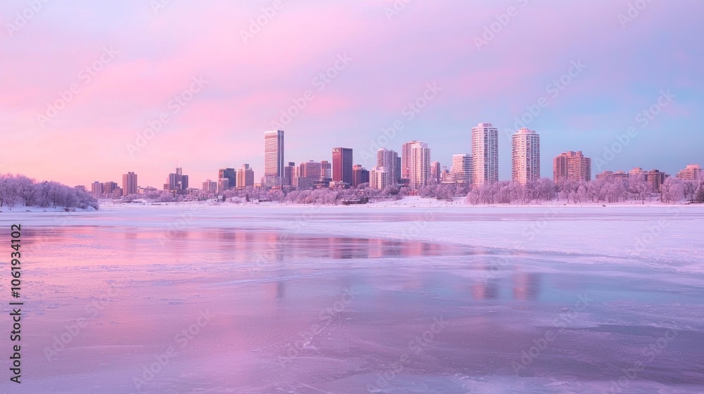 Obraz premium Winter City Skyline at Twilight with Icy Surfaces Reflecting Last Light - Ultra-Detailed Urban Landscape Photo