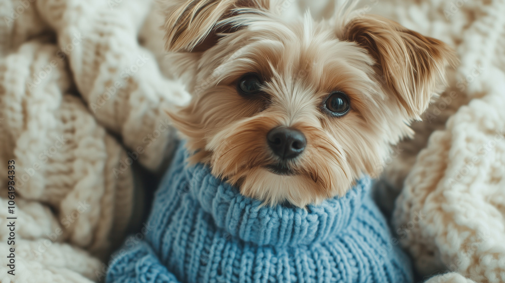 yorkshire terrier, small dog wearing a cozy knitted sweater, sitting indoors on a soft blanket, dog sweater yorkshire terrier, small dog wearing a cozy knitted sweater, sitting indoors on a soft blanket, dog sweater