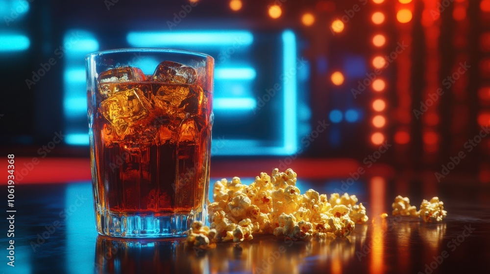 Refreshing Drink with Popcorn on a Vibrant Background