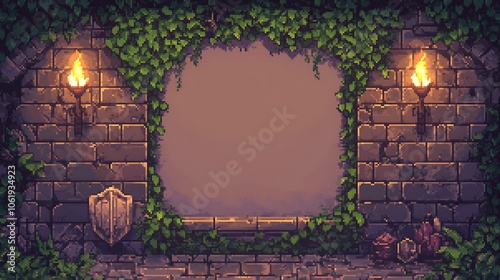 A pixel art illustration of a stone wall with a window, vines, torches, and a shield.