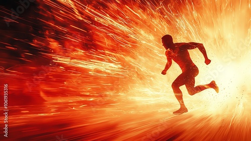 Runner breaking through a wall of light, dynamic motion effect, 3D illustration